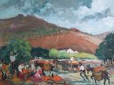 un tableau représentant un groupe de personnes à cheval sur une route