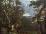 an image of a painting of a wooded landscape with a man and a dog