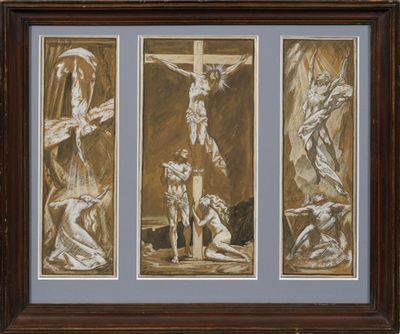 un tableau en trois panneaux représentant Jésus sur la croix