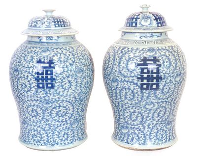 pair of blue and white vases with chinese characters on them