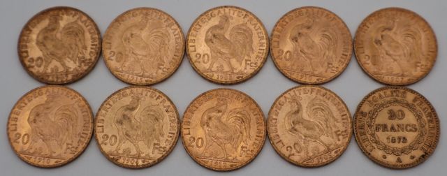 Dix pièces de monnaie en or à valeur faciale de vingt francs (dif...