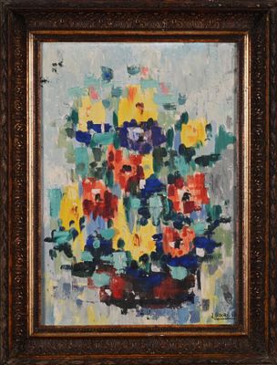 une peinture à l'huile représentant des fleurs dans un vase sur une table