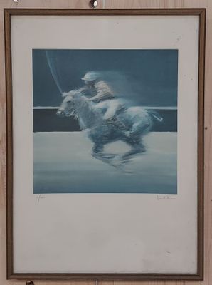 tableau représentant un homme à cheval dans la neige, par une journée enneigée