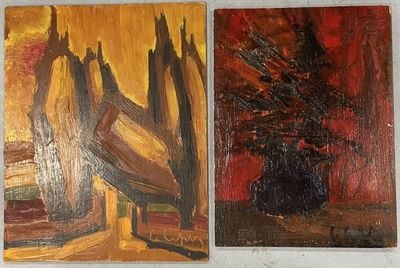 two paintings of trees and a vase on a white wall