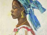une peinture à l'huile représentant une femme portant un foulard bleu