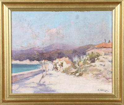 une peinture à l'huile représentant une scène de plage avec des personnes marchant sur le sable