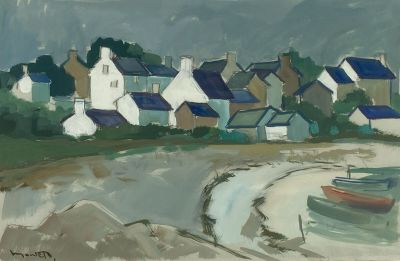 a painting of a boat in the water near a village