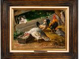 tableau représentant un groupe de poulets et de poules dans une grange