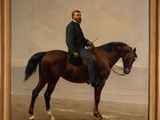 painting of a man sitting on a horse on a beach