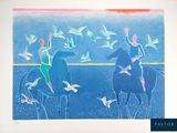 un tableau représentant deux personnes à cheval, avec des oiseaux qui volent autour d'elles