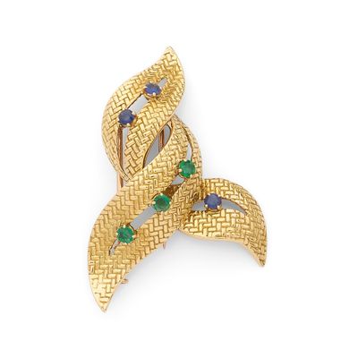 BOUCHERON Broche “Volutes” Emeraudes et saphirs ronds - Photo 1