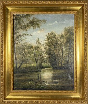 une peinture d'une rivière avec des arbres en arrière-plan