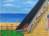painting of a bird sitting on the roof of a house on the beach