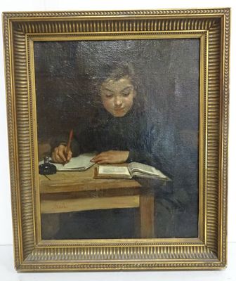 an oil painting of a boy writing at a table with a pen