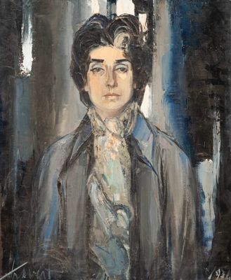 painting of a man in a suit and tie standing in front of a building