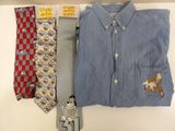 three ties and a shirt hanging on a wall