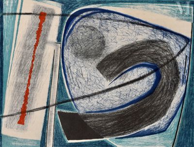dessin représentant une peinture abstraite bleue et noire avec une ligne rouge