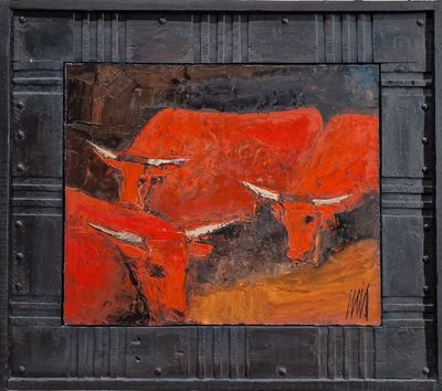 painting of three cows in a field with a red sky in the background