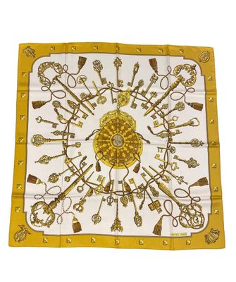yellow and white square scarf with keys and keys on it