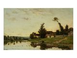 an image of a painting of a river with a house in the background