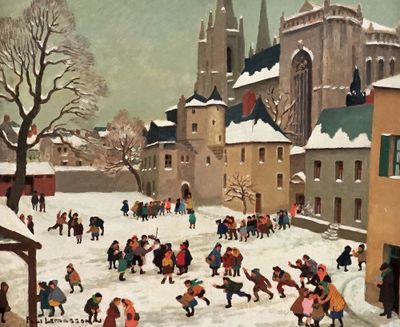 un tableau représentant un groupe d'enfants jouant dans la neige