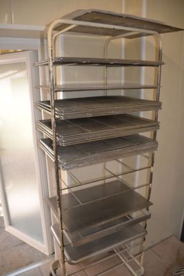 a metal shelf with several trays on top of it