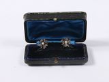 a pair of earrings in a case on a white surface