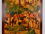painting of a painting of people in a village with a boat