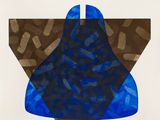 an abstract painting of a triangle with blue and brown shapes