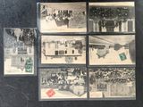 several old black and white photographs of people in a building
