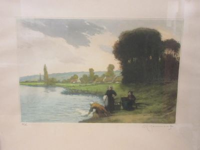 232.55 - EAU FORTE ENCADREE, BORD DE RIVIERE ANIME AVEC LAVA…