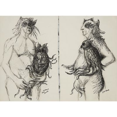 two drawings of a man and a woman with a cat on their back