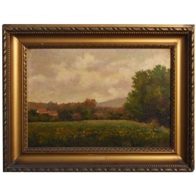 une peinture à l'huile représentant un champ avec des arbres et une maison au loin