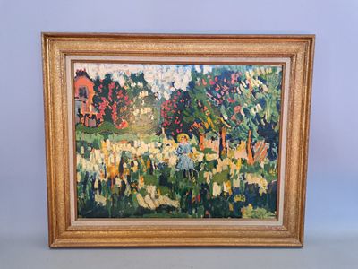 l'image d'une peinture d'un champ avec des arbres en arrière-plan