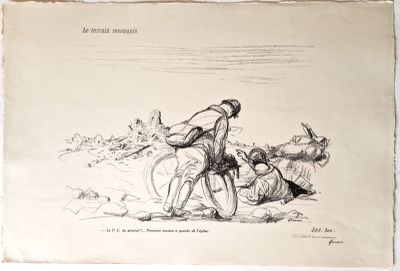 un vieux dessin représentant un homme à cheval, tiré par un autre homme
