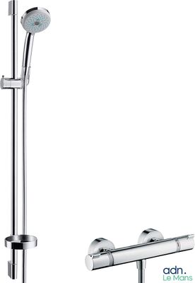 a close up of a shower head with a hand shower
