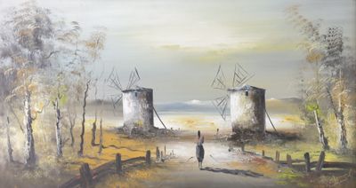 painting of two windmills in a field with a person walking down the road