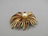 an image of a gold and red broochle with a pearl