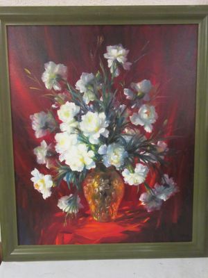 a painting of flowers in a vase on a table