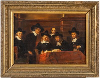 a painting of a group of men sitting around a table