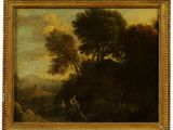 un tableau représentant un paysage avec un homme et une femme au premier plan