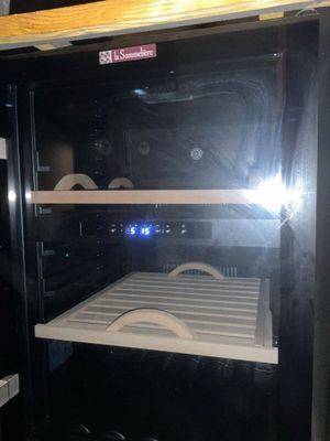 a black refrigerator with a glass door and a white shelf