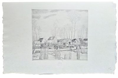 dessin au crayon représentant une scène de campagne avec un étang et une maison