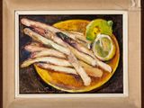 an oil painting of fish on a yellow plate with a lemon wedge