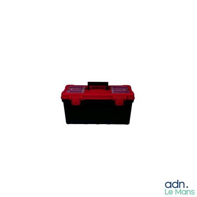 boîte à outils rouge et noire sur fond blanc, avec le couvercle ouvert