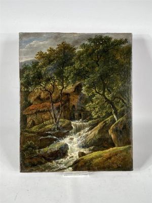 un tableau représentant un ruisseau traversant une forêt, avec une maison en arrière-plan