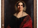 a painting of a woman in a black dress and red shawl