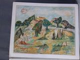 drawing of a landscape with a house and trees in the distance