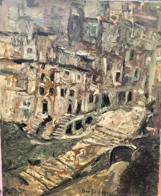 an oil painting of a view of a city from a window