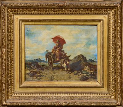 une image représentant un tableau où l'on voit un homme à cheval tenant un parapluie rouge